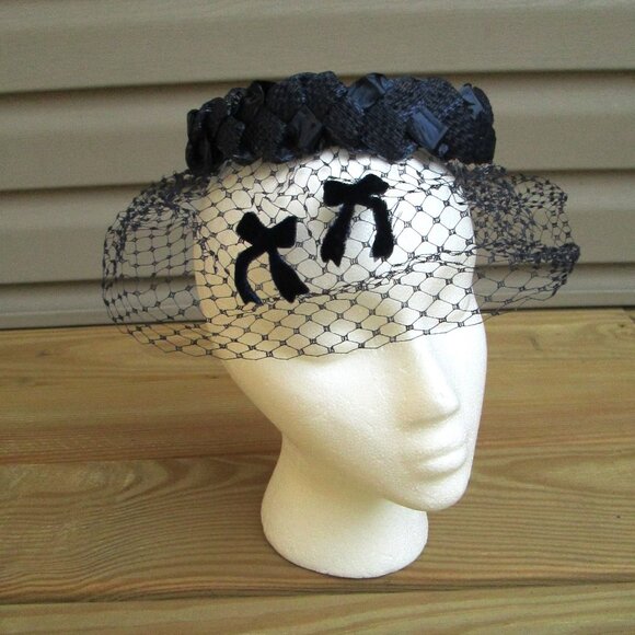 Vtg Fascinator Hat w/Intact Netting Navy Blue 1950's-60's - Picture 3 of 6